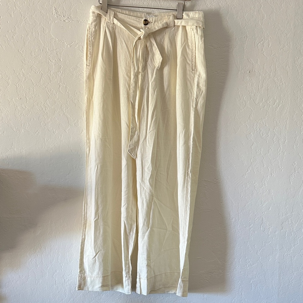 Sonoma Cream Linen Blend Wide Leg‎ Pants, L, Tie Waist